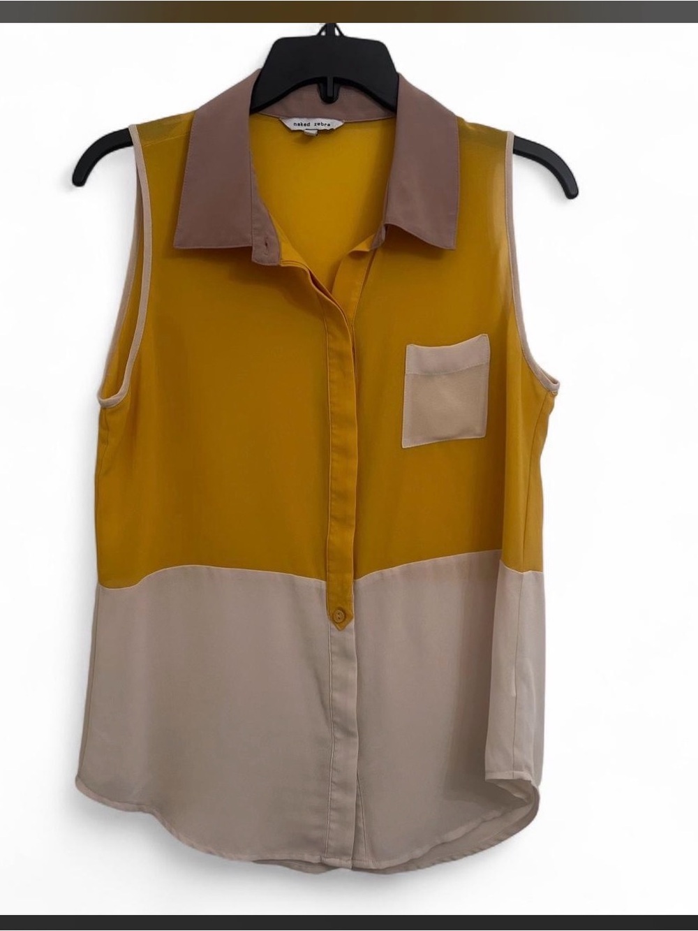 Naked Zebra Mustard and Taupe Colorblock Sleeveless Button-Front Top